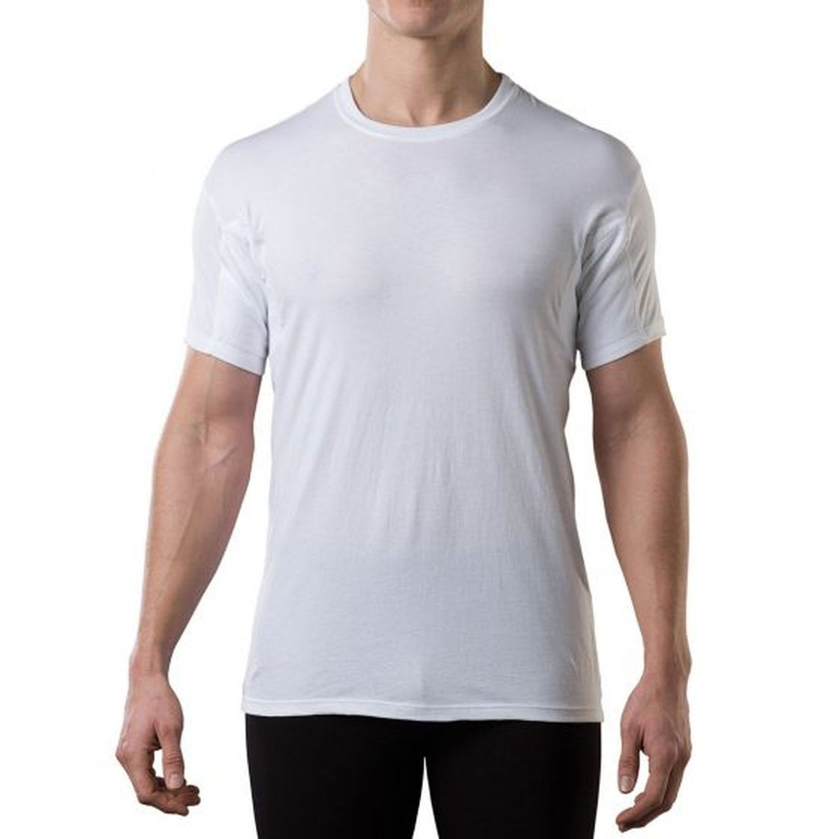 A man wearing a white crewneck undershirt.