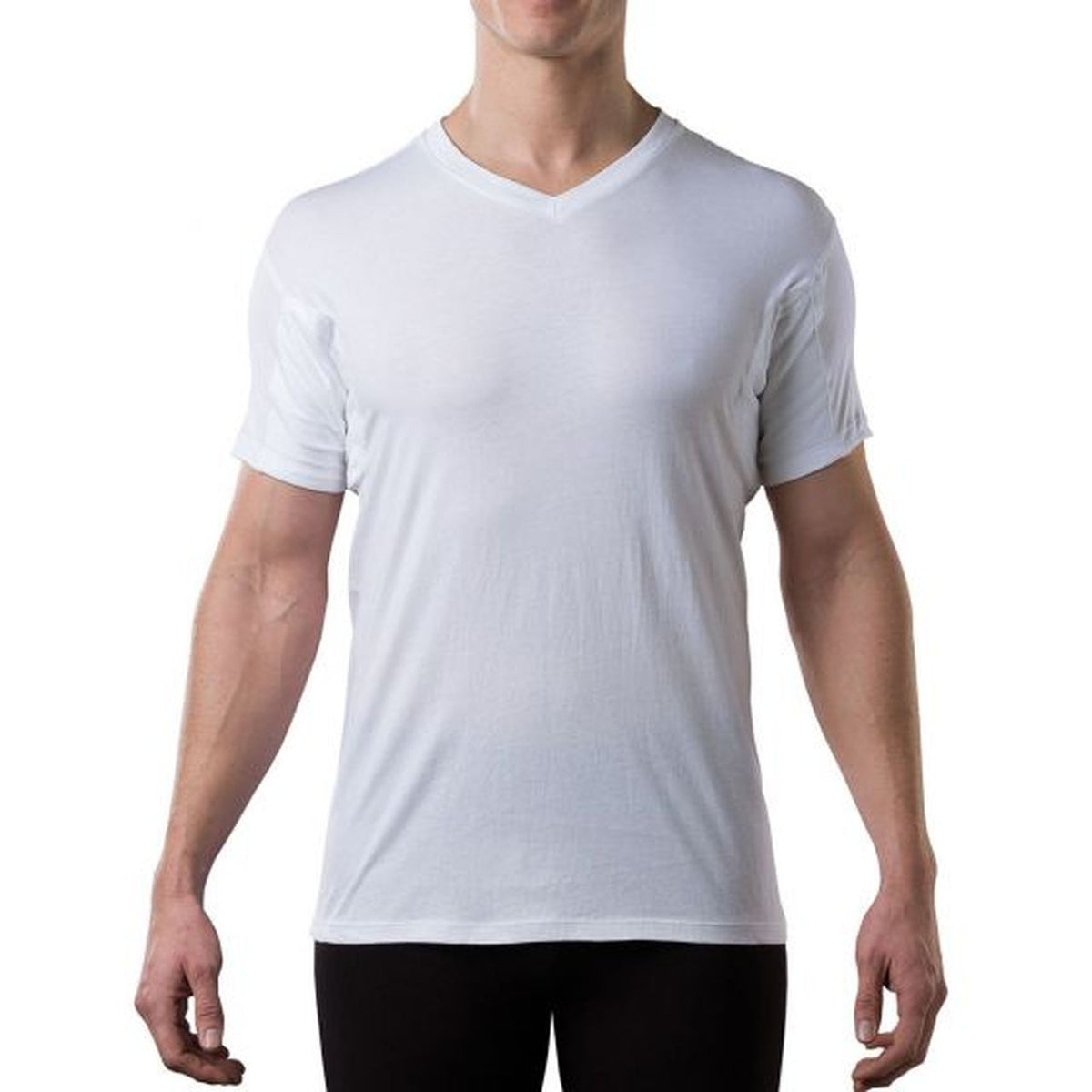 Man wearing a white men’s sweat-proof undershirt with a V-neck design, stylish and comfortable for everyday use.