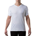 Man wearing a white men’s sweat-proof undershirt with a V-neck design, stylish and comfortable for everyday use.
