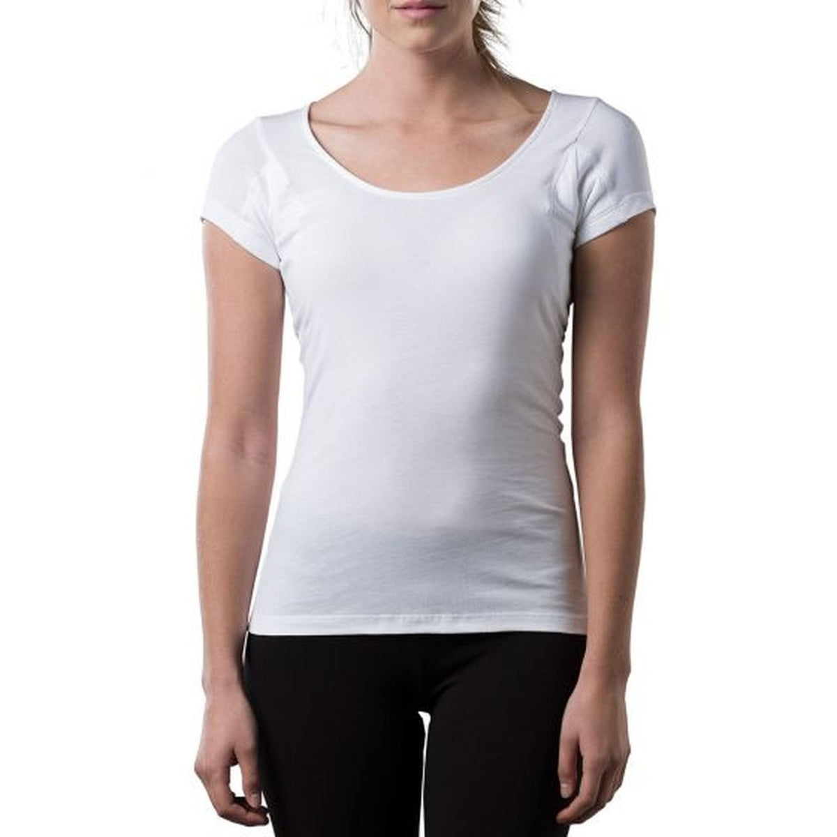 A woman wearing a white scoop neck t-shirt.