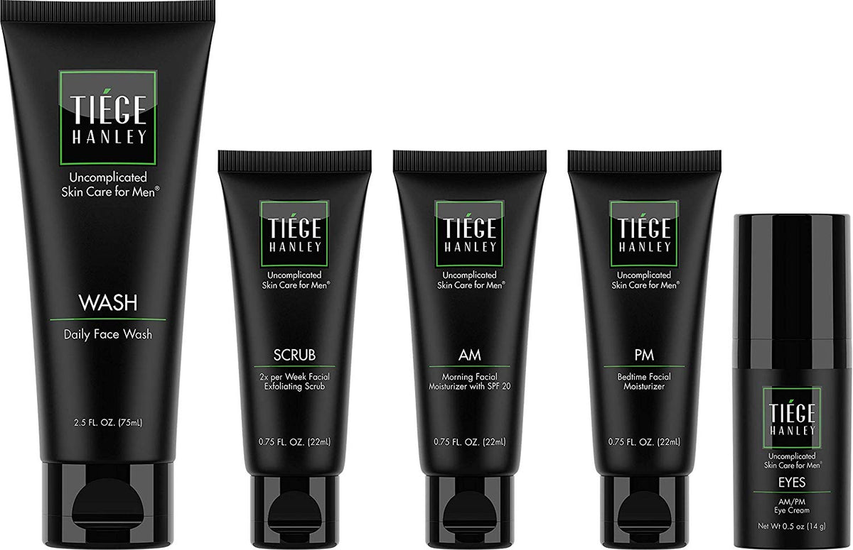 Tiege Hanley men’s revitalization routine – cleanser, serum, eyes, clay mask, AM & PM creams